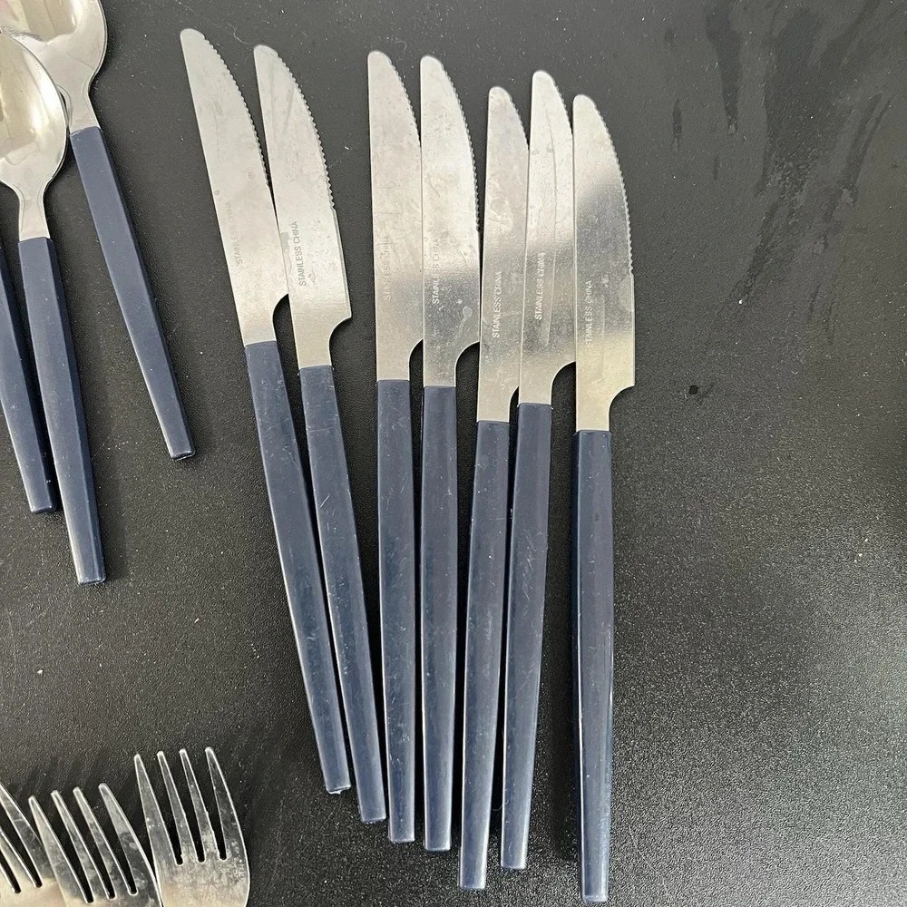 37pc Navy Blue Tapered Handle Flatware Set Stainless Steel MCM Style Silverware‎